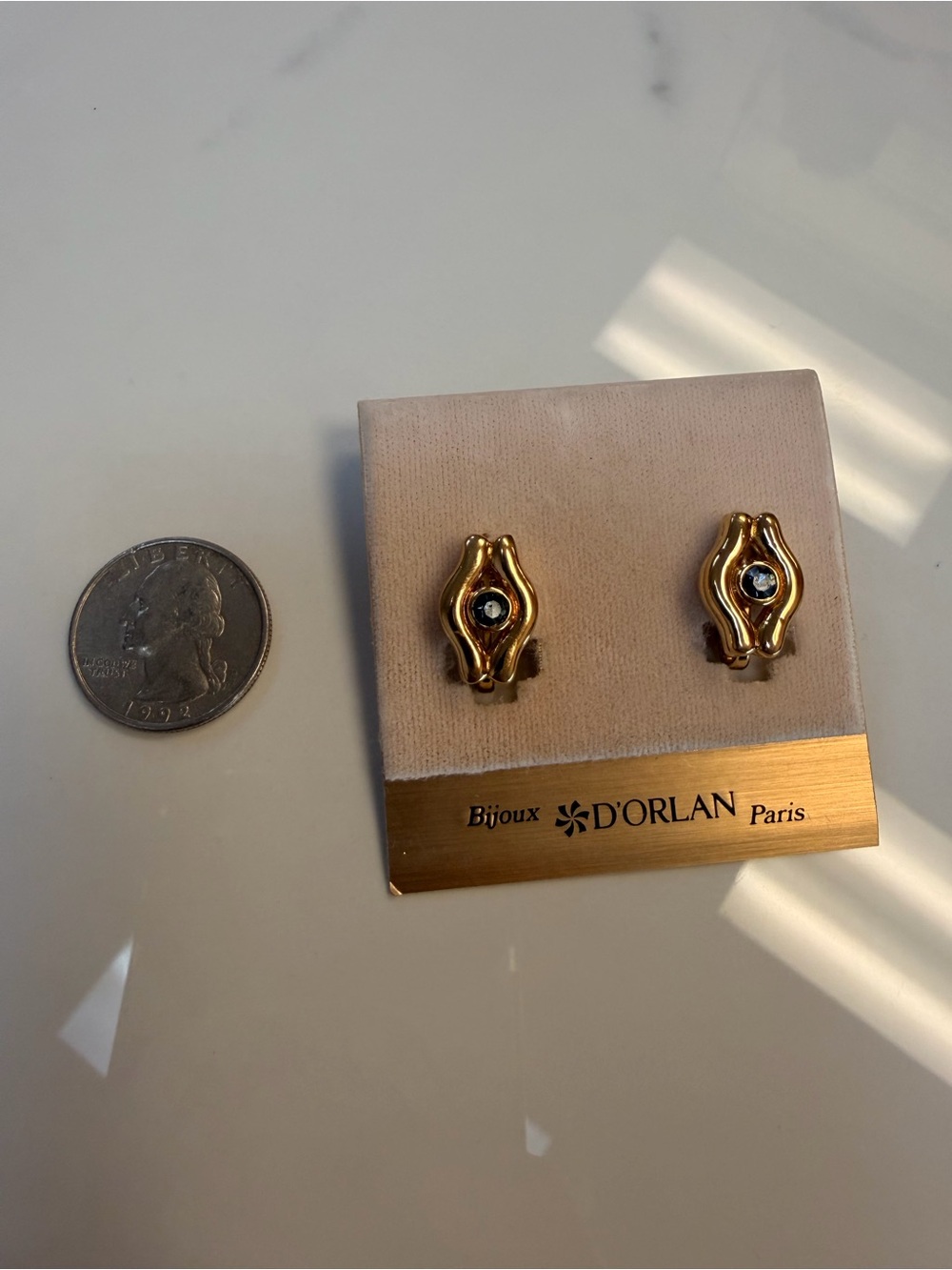 Gold Clip-On Earrings with Blue Stone - Picture 3 of 3